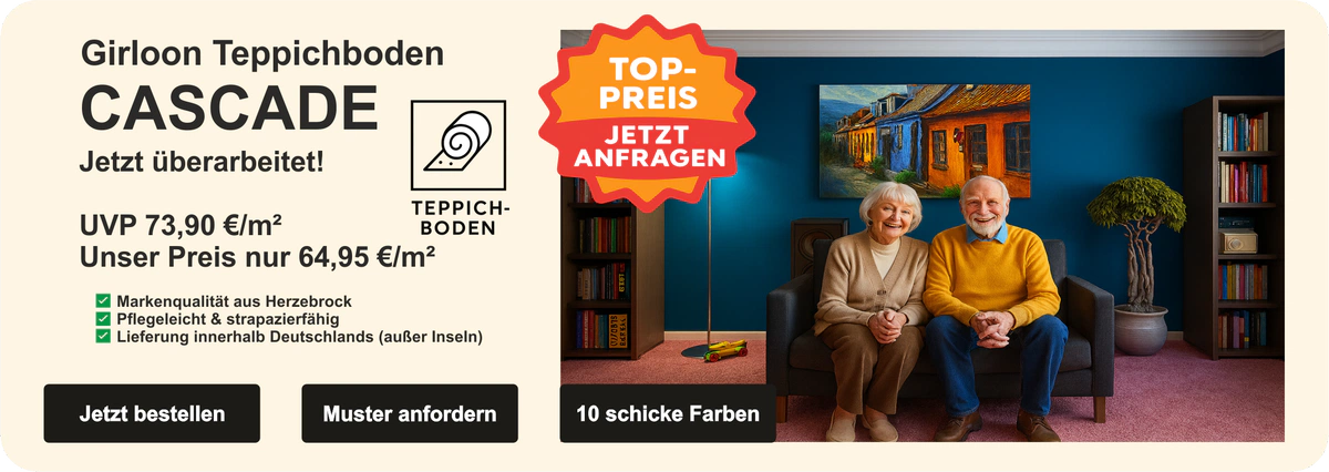 „Kategoriebild für Infloor-Girloon Cascade Teppichboden: strukturierter roter Teppichhintergrund mit Infloor-Girloon Logo oben links und weißem Schriftzug ‚CASCADE‘ mittig platziert.“